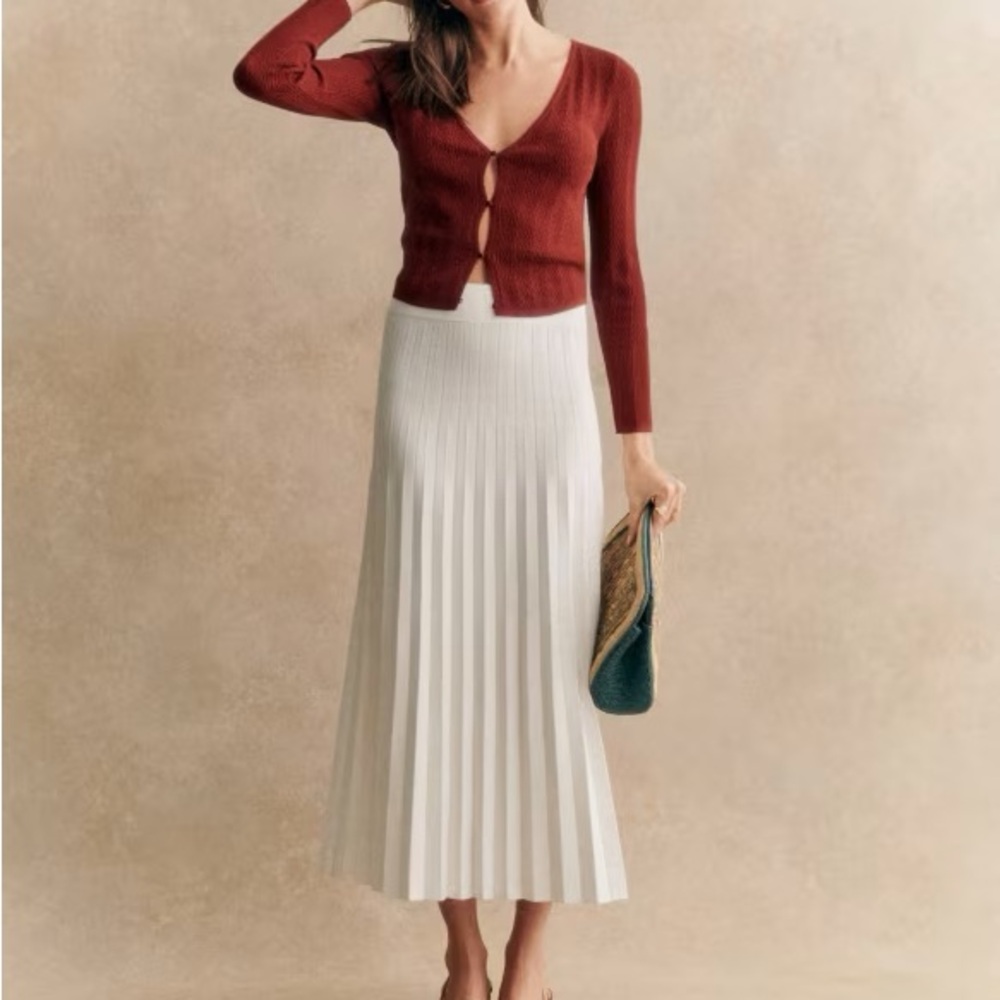 Sezane White Pleated Midi Skirt